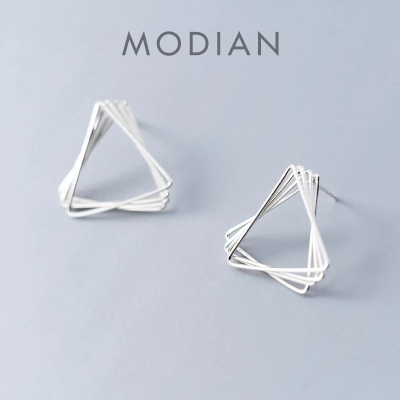 Modian prosta konstrukcja 925 Sterling Silver Hollow trójkąt plac stadniny kolczyki dla kobiet moda geometryczne Ear Pin Fine Jewelry