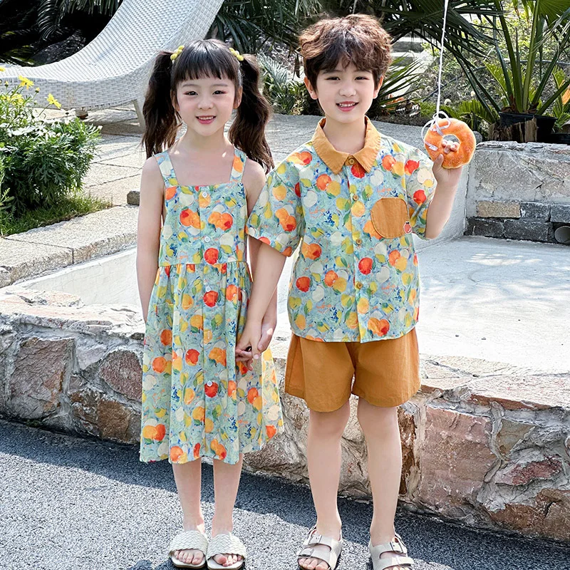 

Children Siblings Attire Summer Baby Girl Suspender Dress Contrast Print Polo Shirts+shorts Outfit Boy Suit Brother Sister Suits