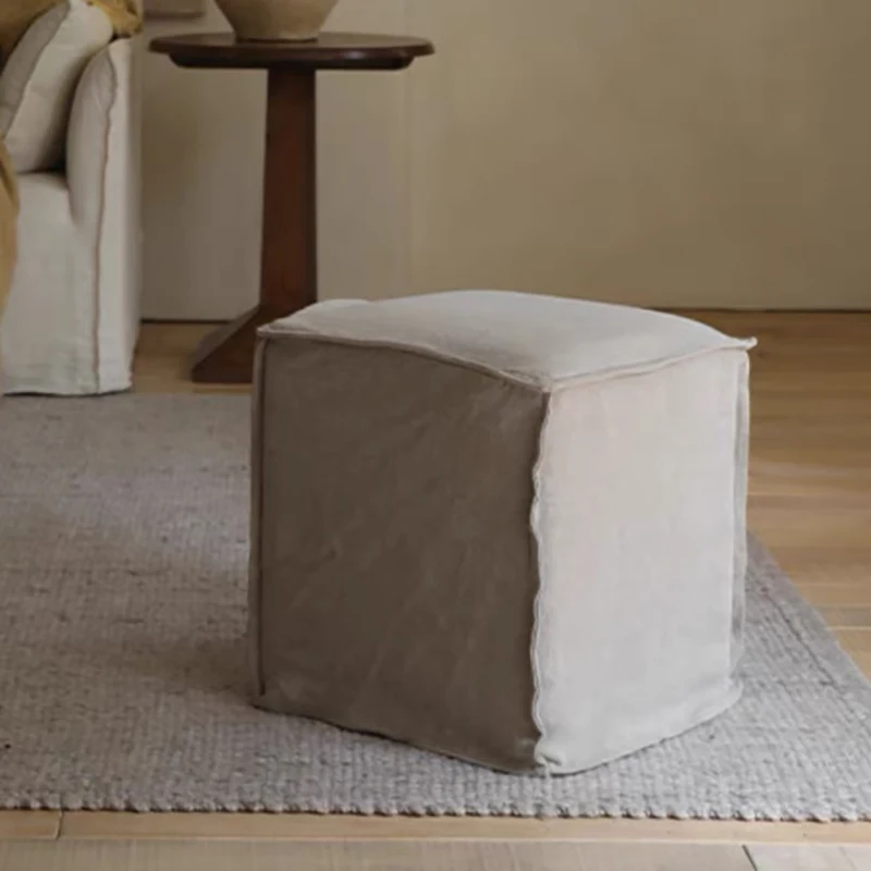 Wabi-Sabi Style Linen Fabric Square Ottoman Footstool Removable Cover Modern Home Decor Guest House Shoe Bench