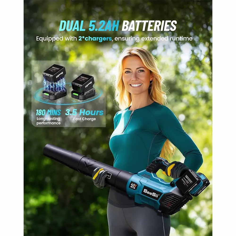 Seesii 40V Bezszczotkowy Elektryczny Turbodmuchawiec 680CFM Akumulatorowy Dmuchawa do Liści 20000RPM Podwójny Akumulator do Pielęgnacji Trawnika, Odkurzania i Usuwania Kurzu