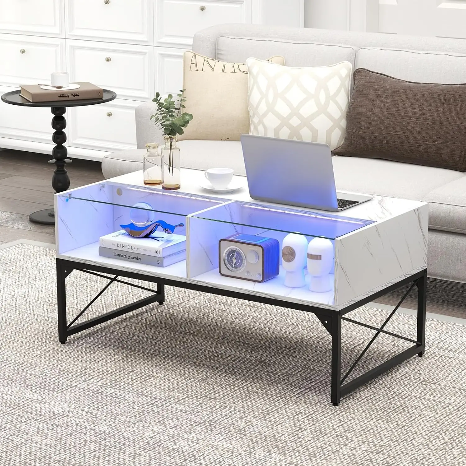 LED Coffee Table, High Gloss Coffee Tables with 4 Storage Cubes, 20-Color Lights, Remote Control, Faux Marble & Tempered Glass