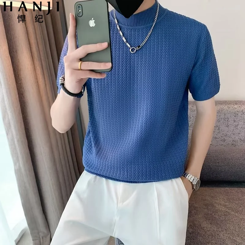 

2024 Men's Knitted T Shirt Solid Turtleneck Short Sleeve Stylish Casual Tee Tops Summer Fintess Korean Men Clothing C102