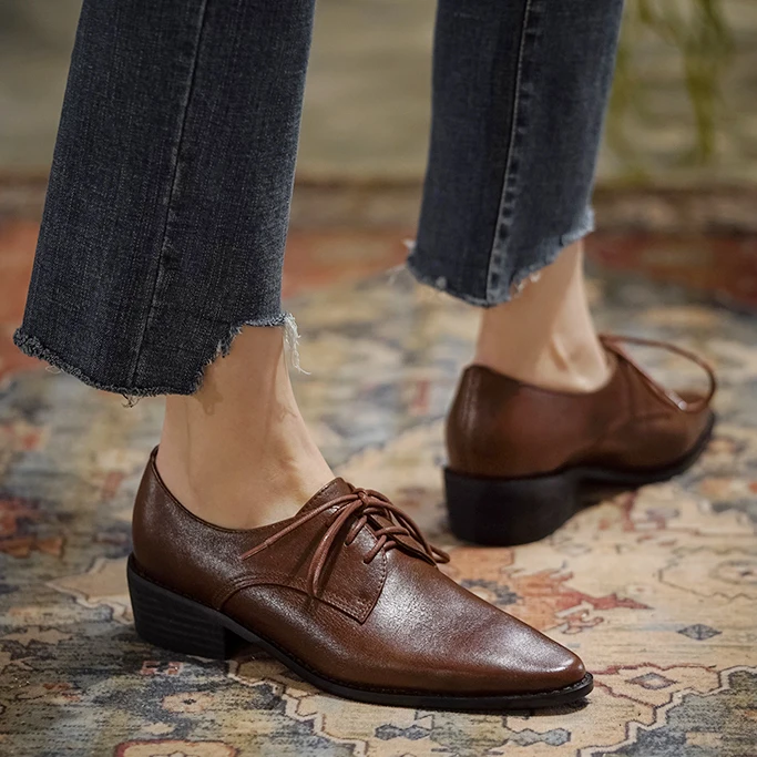 LIHUAMAO Cow Leather Women Shoes casual block heel Square Heel Lace Up oxford shoes chunky heel Footwear thick heel derby shoe