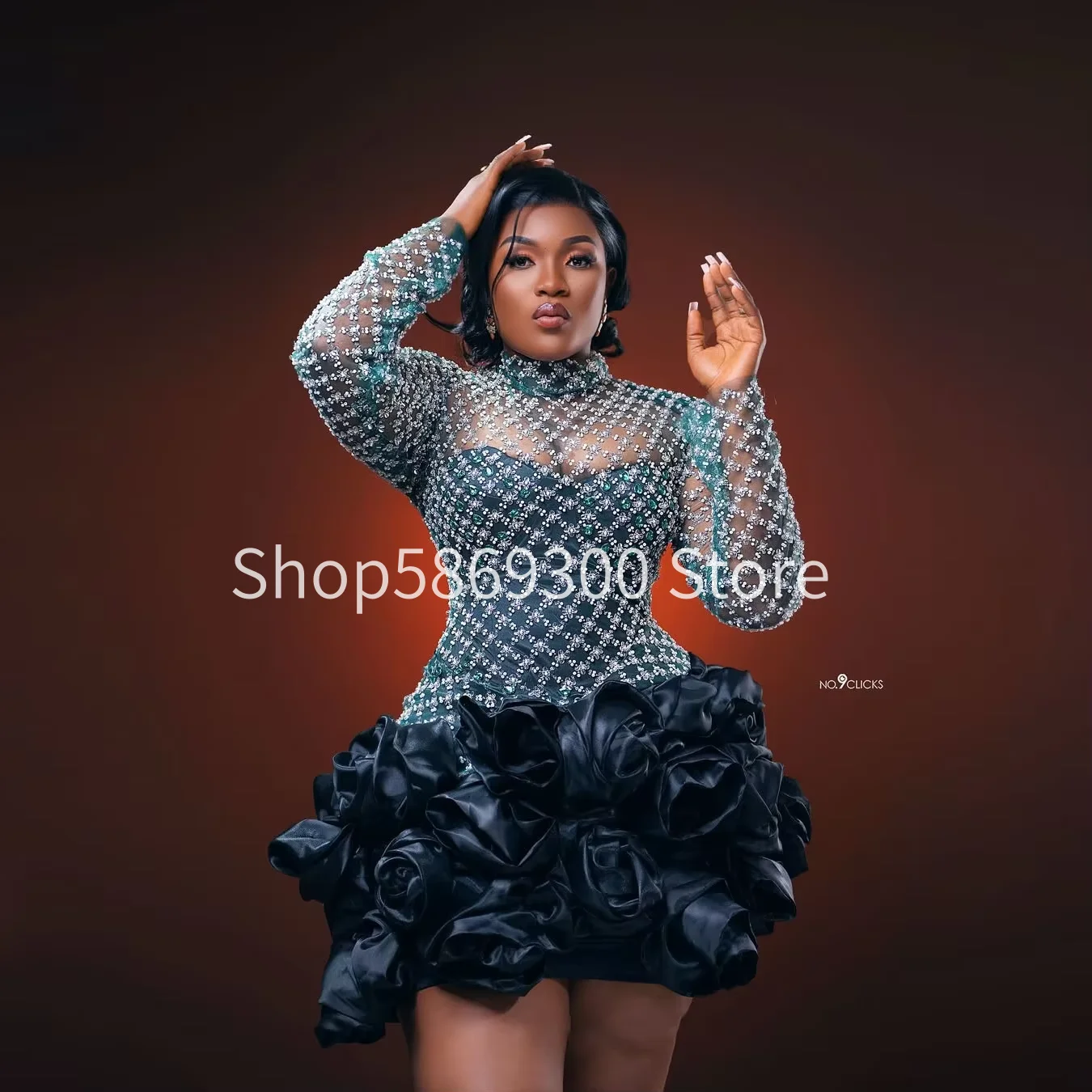 Black Sparkle 3D Flower Cocktail Dress Full Sleeves See Through Party Gowns Short Black Floral Illusions Prom Dresses