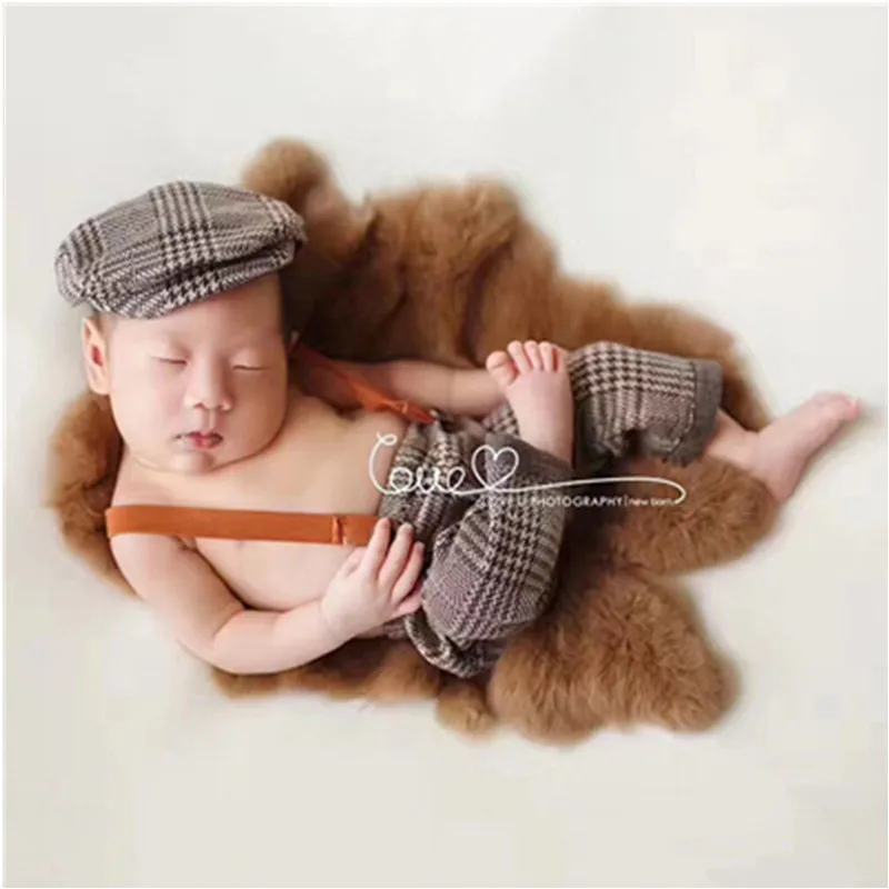 

Newborn Photography Costume Babys Photographic Plaid Gentry Hat+Suspender Pants Suit Studio Male Baby Photo Props Accessories