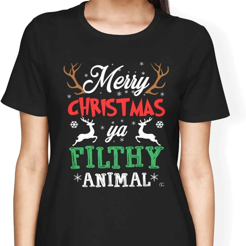 Merry Christmas Ya Filthy Animal Letters Printed T-shirt Tops Unisex Hipster Street Fashion Short-sleev Loose Casual Style Fit