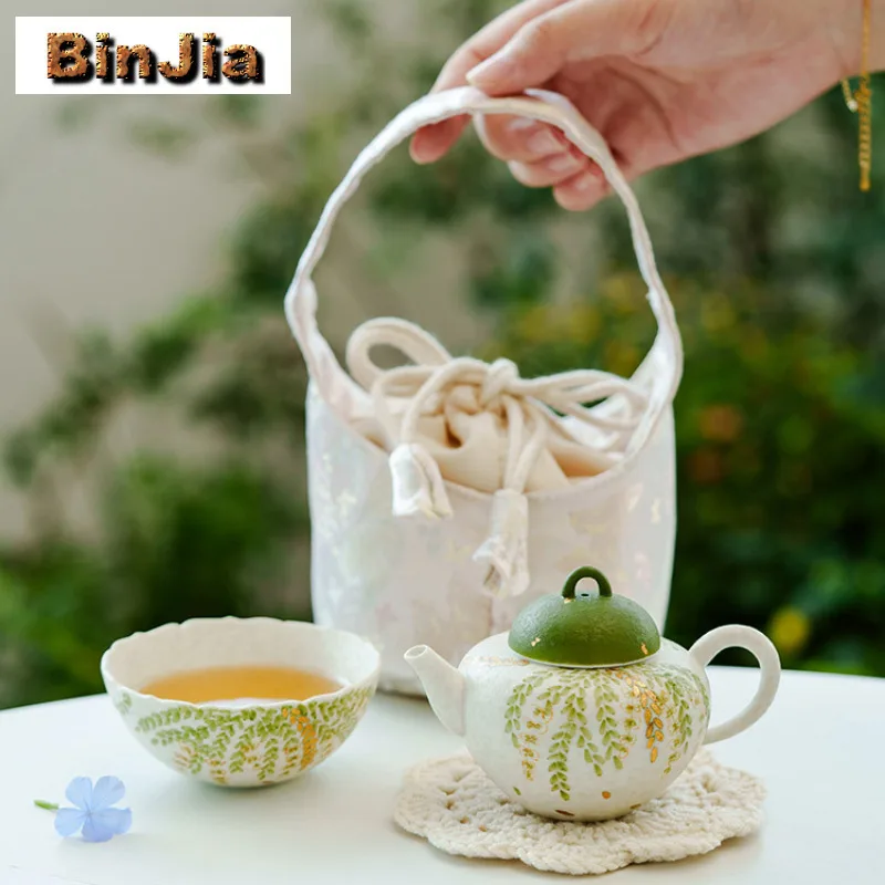 

Ручная роспись золотых цветов глицинии, дорожный чайный сервиз, традиционный 1 горшок, 1 чашка, органайзер для чайника, портативная уличная сумка