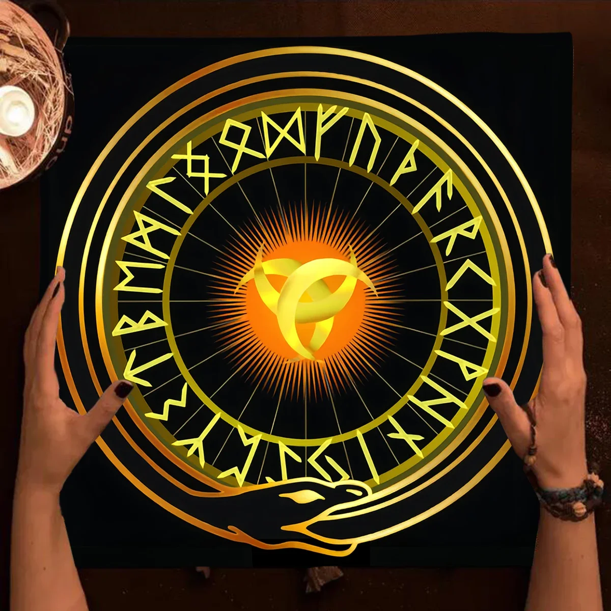 Golden Runes With Ouroboros And Horns Tarot Tablecloth Pendulum Divination Altar Cloth Altar Decor Tarot Mat Board Game Card Pad