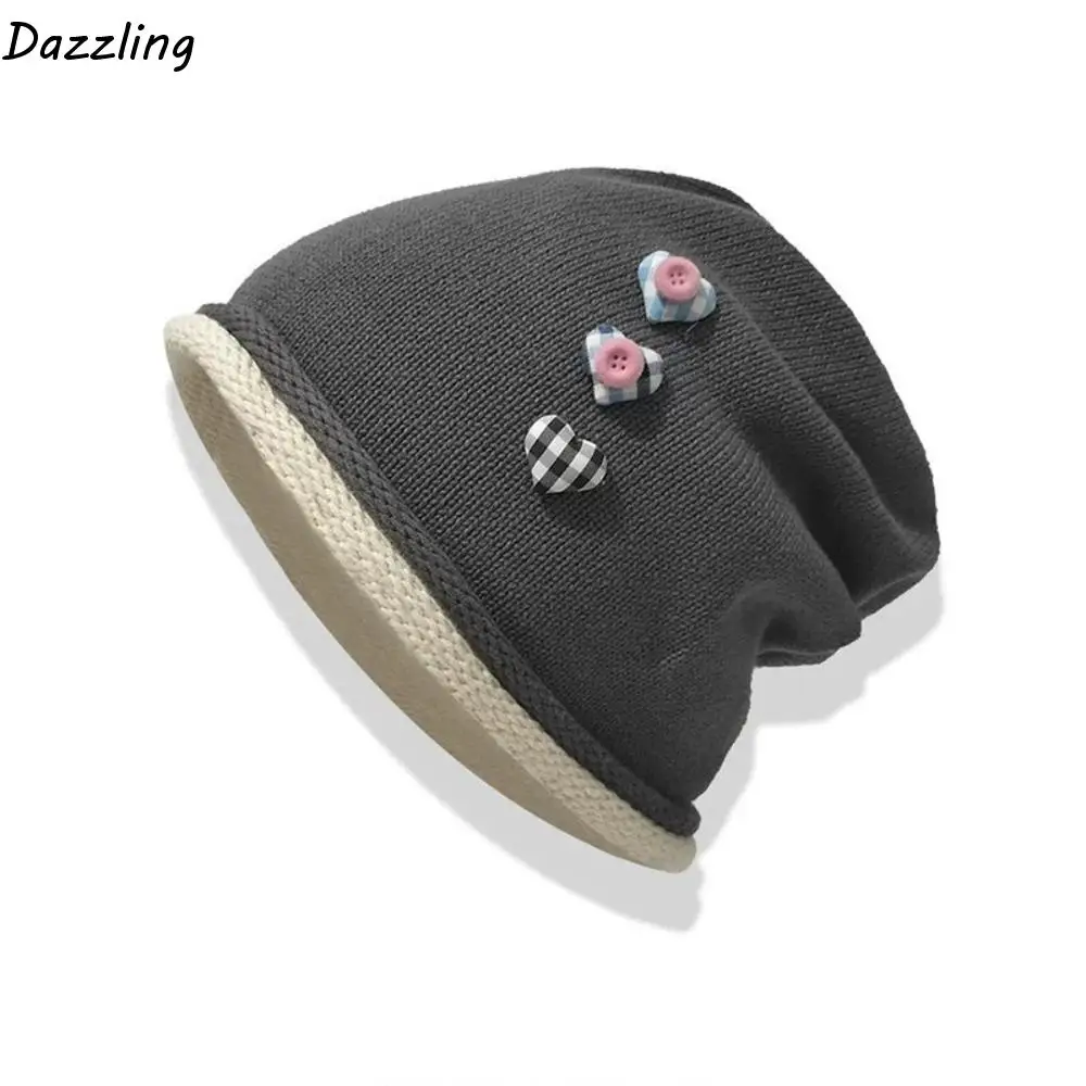 

Retro Vintage Y2k Baggy Cap Curl Brim Heart Button Knitted Beanies Cap Loose Versatile Pullover Hats Spring and Autumn