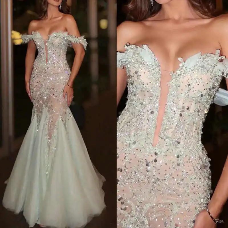 

Romantic Beaded Mermaid Evening Dress Off Shoulder Sleeveless Prom Gowns Sequins Floor Length Special Party Customized