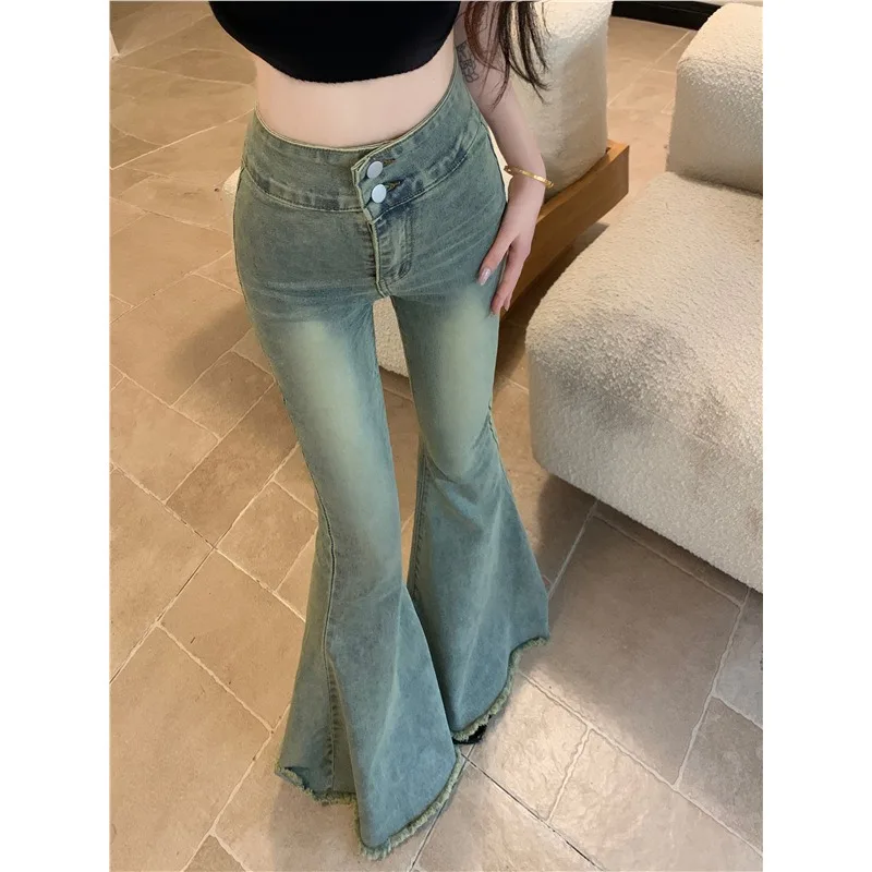 

Light-colored Rough-edged Retro Micro-flared Jeans Women's Spring Autumn Slim-fitting Horseshoe Pants Thin Straight-leg Trousers