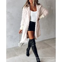 Fuzzy Textured Autumn Jackets Coats Buttoned Trend Plush Long Sleeve Coat Outwear Women Solid Color Fleece Hooded Coats