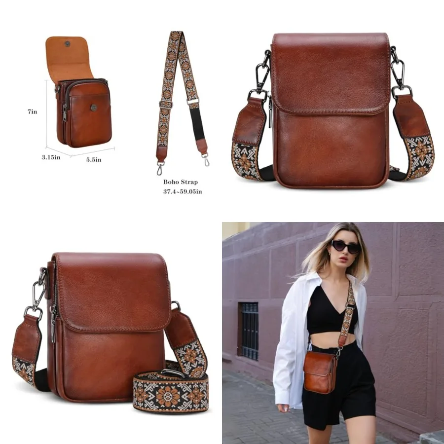 

Leather Small Crossbody Bags for Women RFID Blocking Cell Phone Purse Anti-Theft Travel Bag with wide Straps