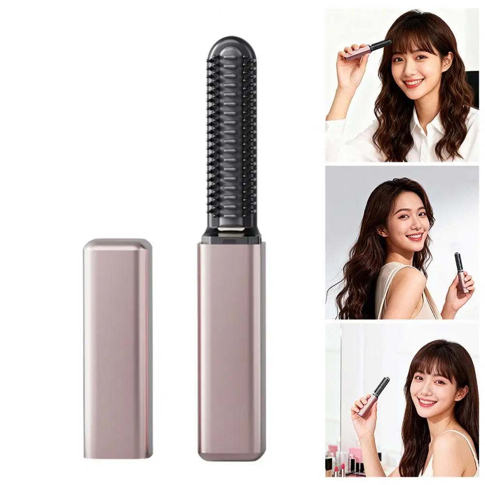Mini Bangs Straightener Brush Portable Cordless Frizz-Free Hot Comb USB Rechargeable Fast Heating Electric Hair Styling Detangli