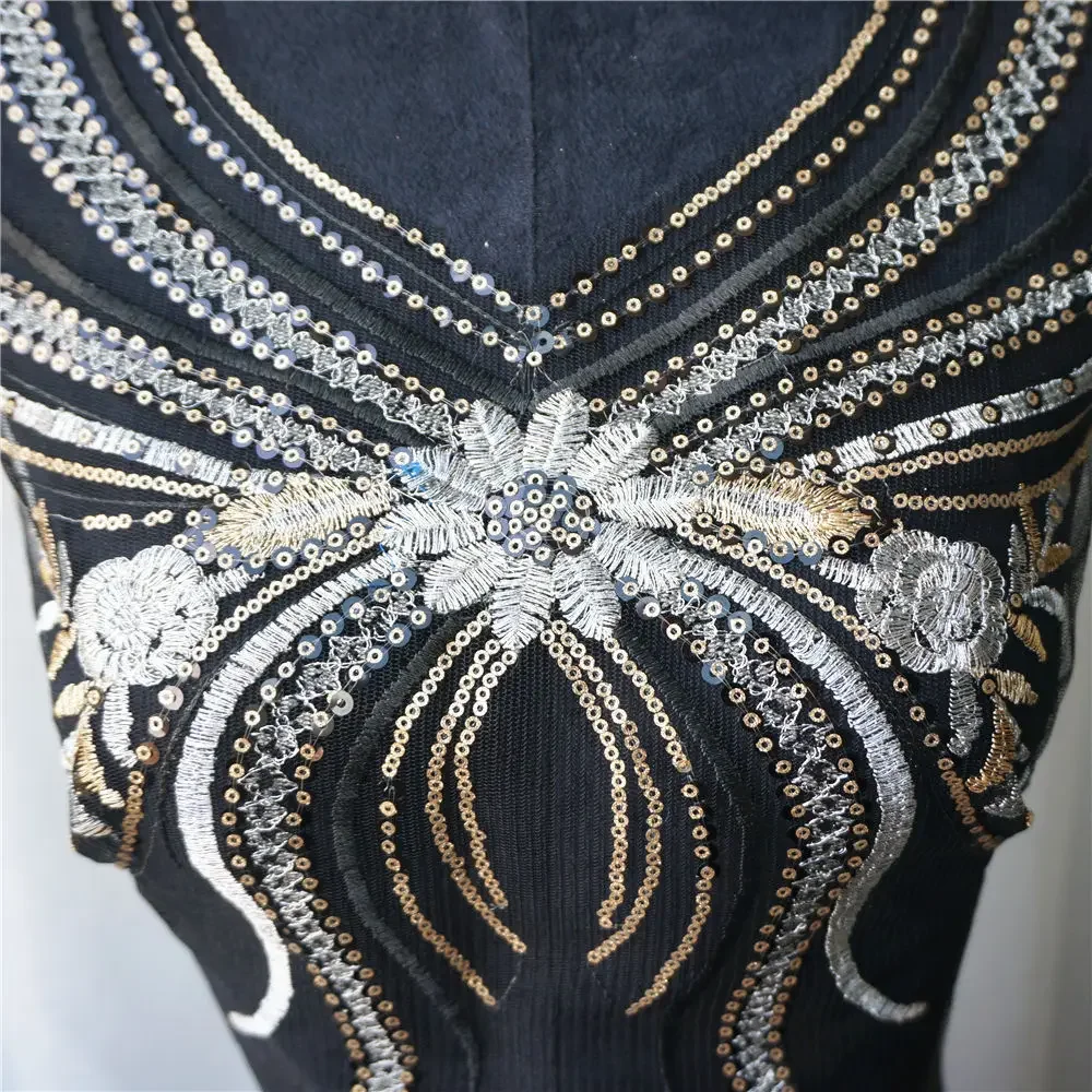 Argento oro paillettes nappa tessuto di pizzo nero colletto floreale abito ricamato Appliques cucire Patch per la decorazione di nozze vestito fai