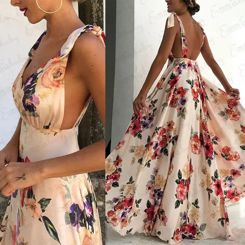 Pop Fashion Summer Women Boho Abito lungo maxi senza schienale senza maniche con scollo a V Abito a fiori Abiti da spiaggia per feste da sera Vestito estivo