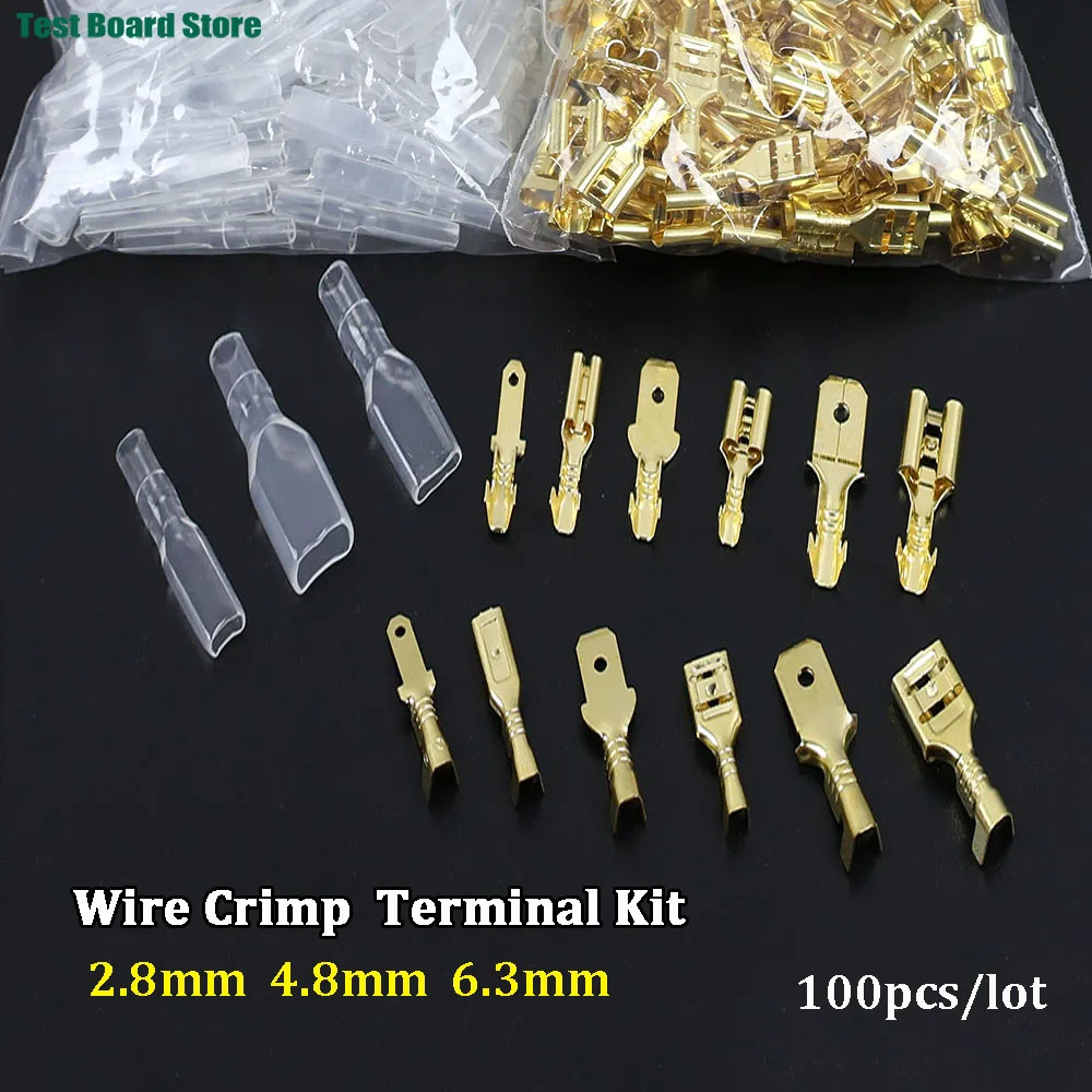 100Pcs/Lot 2.8mm 4.8mm 6.3mm Female and Male Crimp Terminal Brass Car Speaker Electric Wire Connectors And Insulating Sheath