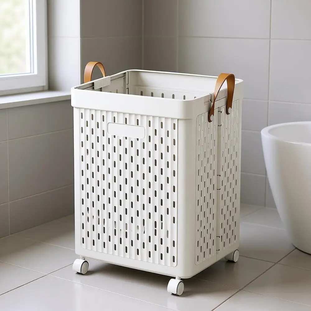 

67L Plastic Laundry Basket with Wheels & Handle, Heavy Duty Foldable Laundry Hamper – Easy Clean Waterproof Rolling Organizer fo