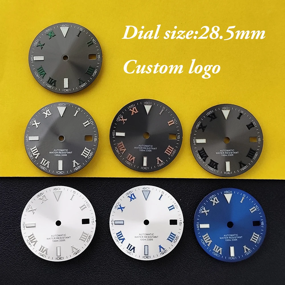 

Мужские автоматические часы с циферблатом NH35, 28,5 мм, с индивидуальным логотипом, зеленым светящимся циферблатом, подходят для механизма NH35, аксессуары для часов.