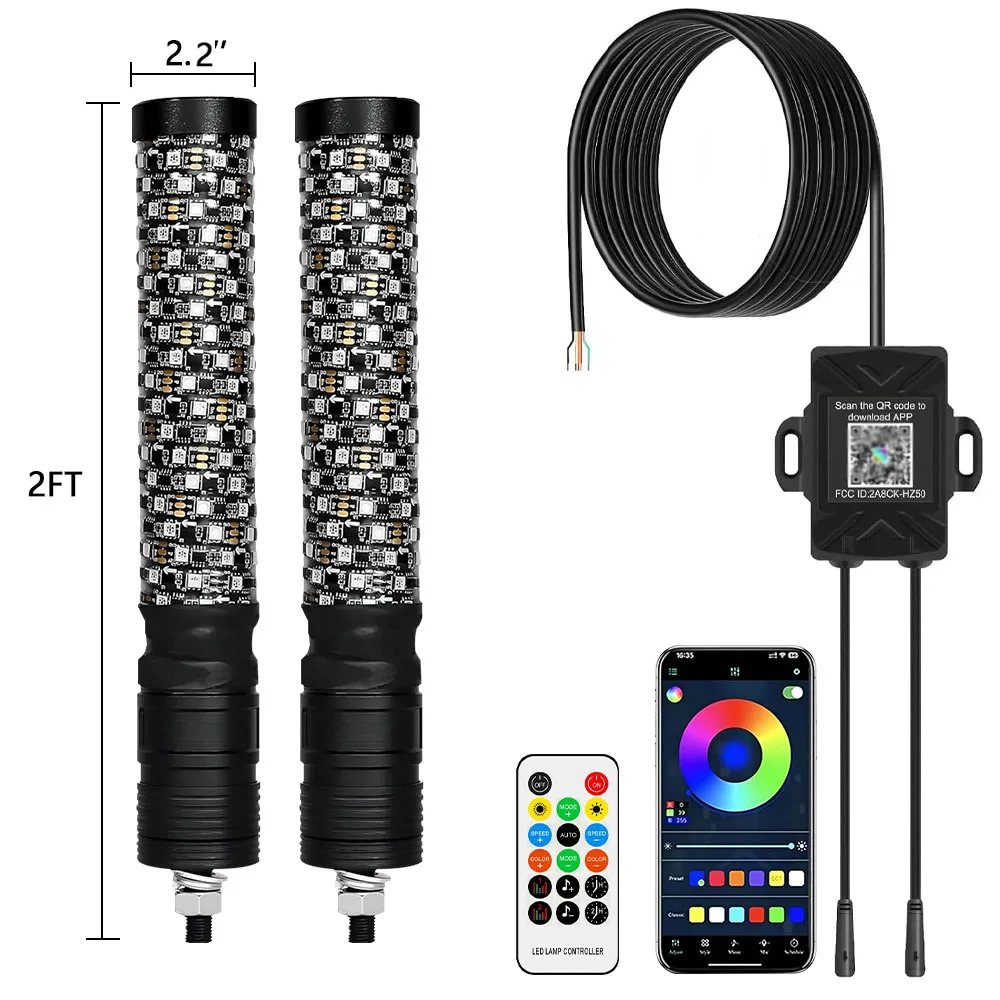 2x 1FT/2FT/3FT LED Whip Lights Remote Control Waterproof Flagpole Antenna Whips,for UTV, ATV, Off Road, Truck, Sand, Buggy Dune