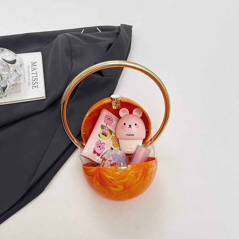 Creative Planet Shape Design Acrylic Handbag Luxury Gold Evening Clutch Bag For Women Round Handlebag Orange Ball Bag Fun Purse