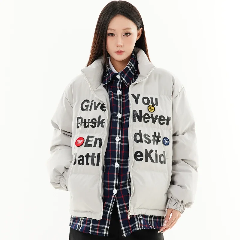 Fake 2 Pcs Parkas Women Patchwork Cool Letter Design Warm American Style Winter Couples Outwear Fashion Personality High Street