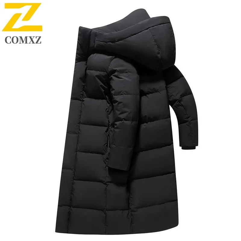 COMXZ Classic Men Down Jacket Casual Hooded Travel Cold Resistant Parka Solid Color Adventure Thickened Warm Winter Down Coat