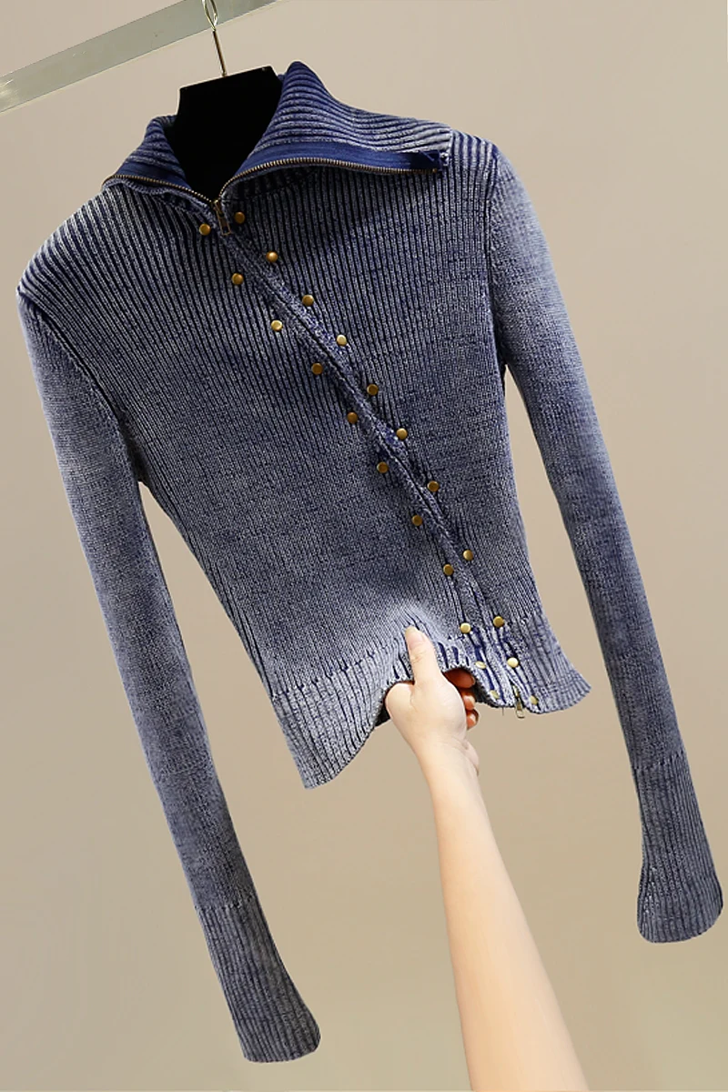 Fashionable Irregular Zipper Design Split Flare Sleeve Slim Fit Short Sweater For Women Versatile Top Knitted Sweater Cardigan