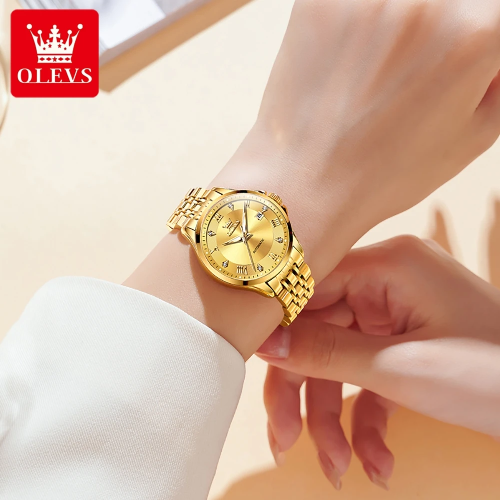 OLEVS 6702 nuevos relojes de pareja para hombres y mujeres calendario de acero inoxidable reloj de negocios de lujo Original para amantes reloj automático para hombre y mujer