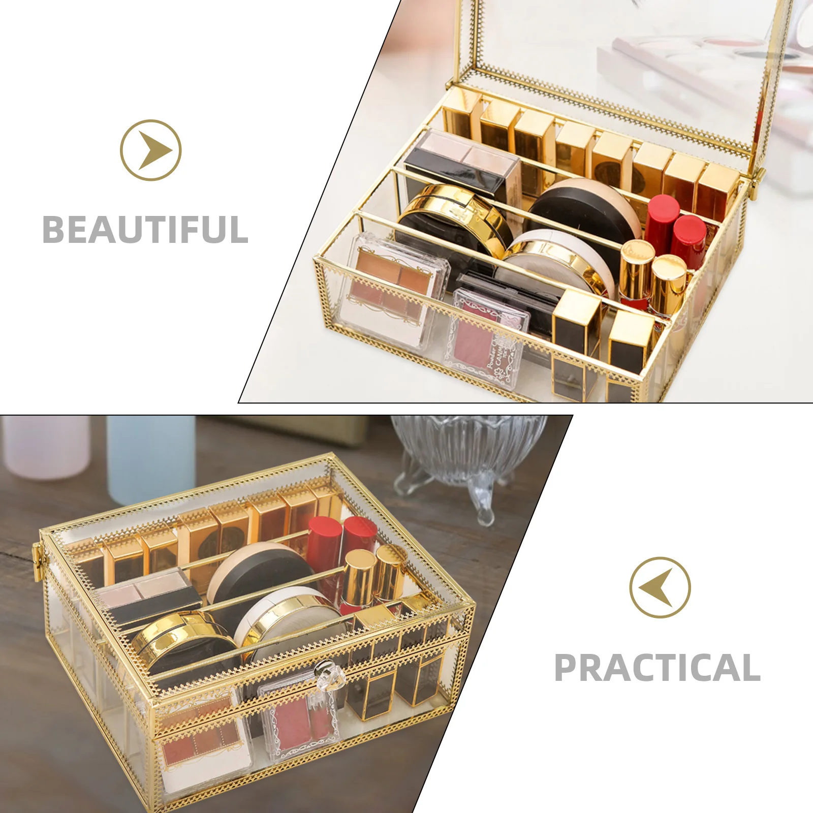 

1Pcs Storage Box Alloy Glass Material Safe Practical Excellent Texture Desktop Organizer Lipstick Case Makeup Holder