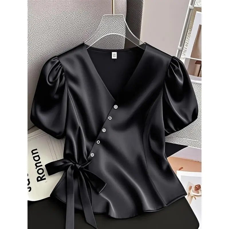 Shirts & Blouses Camisas De Mujer V Neck Crop Top Street High Black Chemise Femme Summer Blusas Femininas Elegantes