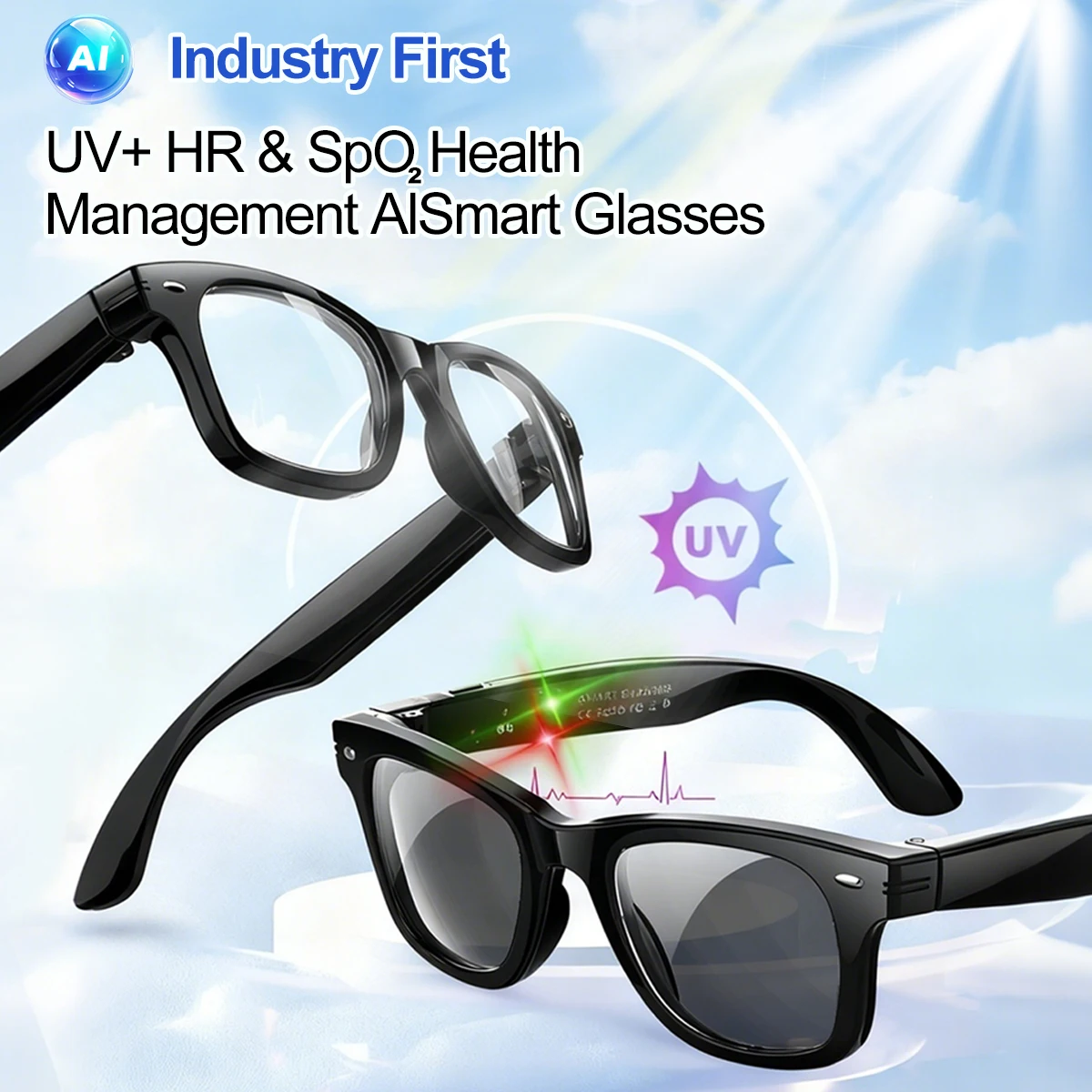 

W300 умные очки для мониторинга здоровья с поддержкой сердечного ритма и кислорода в крови AI очки для управления здоровьем IP66 водонепроницаемые устойчивые к поту