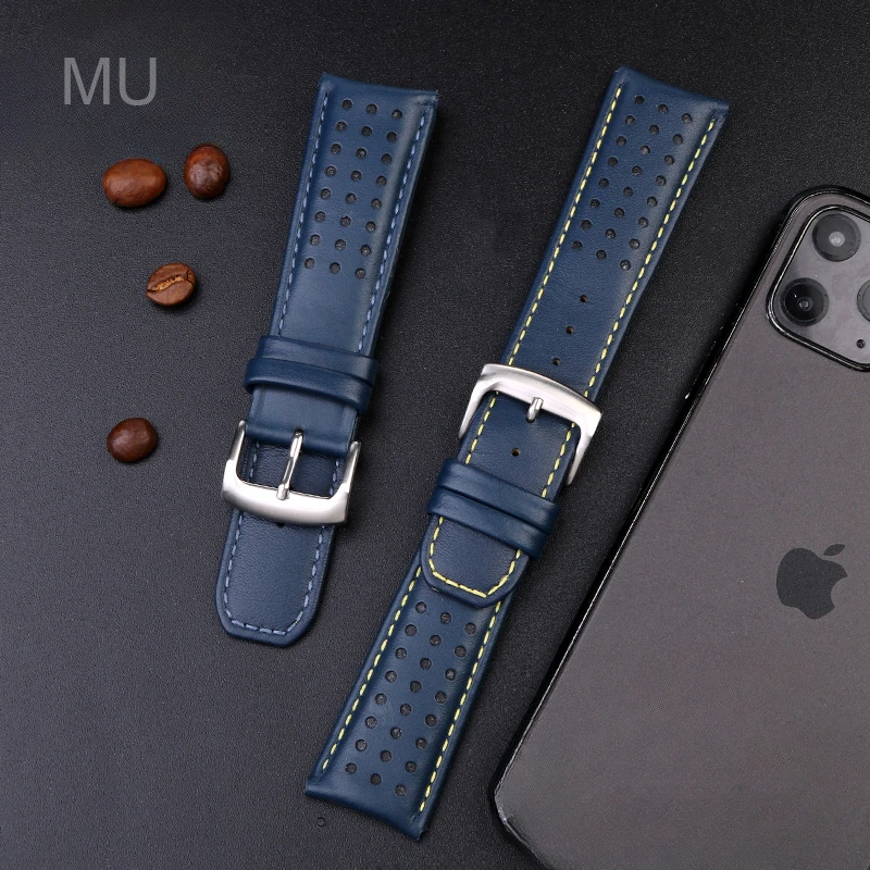 For Citizen Blue Angel At8020-03L  At8020-54L Curved Blue Top Layer Cowhide Waterproof Watch Strap 22/23mm