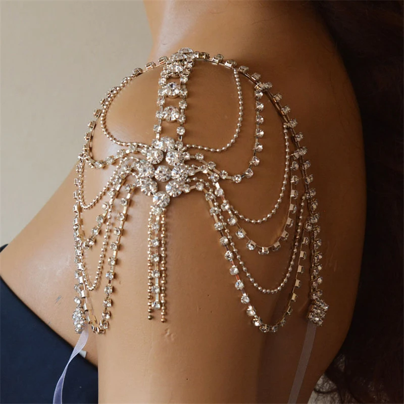 INS Fashion Multilayer Rhinestone One Shoulder Chain Boho Bride Wedding Shiny Crystal Long Tassel Body Chain Shawl Jewelry Gift