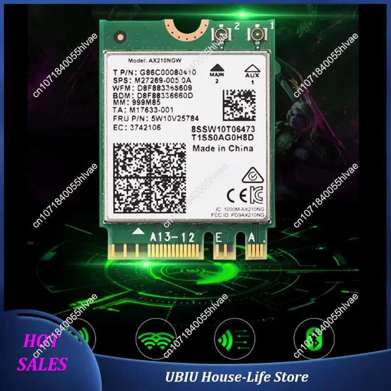 بطاقة واي فاي AX210NGW + هوائي 10Dbi 5374Mbps 2.4G/5G/6Ghz ثلاثي الموجات بلوتوث 5.3 محول شبكة لاسلكية لأجهزة الكمبيوتر المحمول - الأفضل مبيعًا