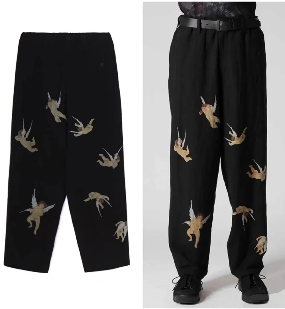 High Street Pants Men's Japanese Angel Pattern Printed Design Stylish Linen Blended Loose Streetwear Pants Men Clothing