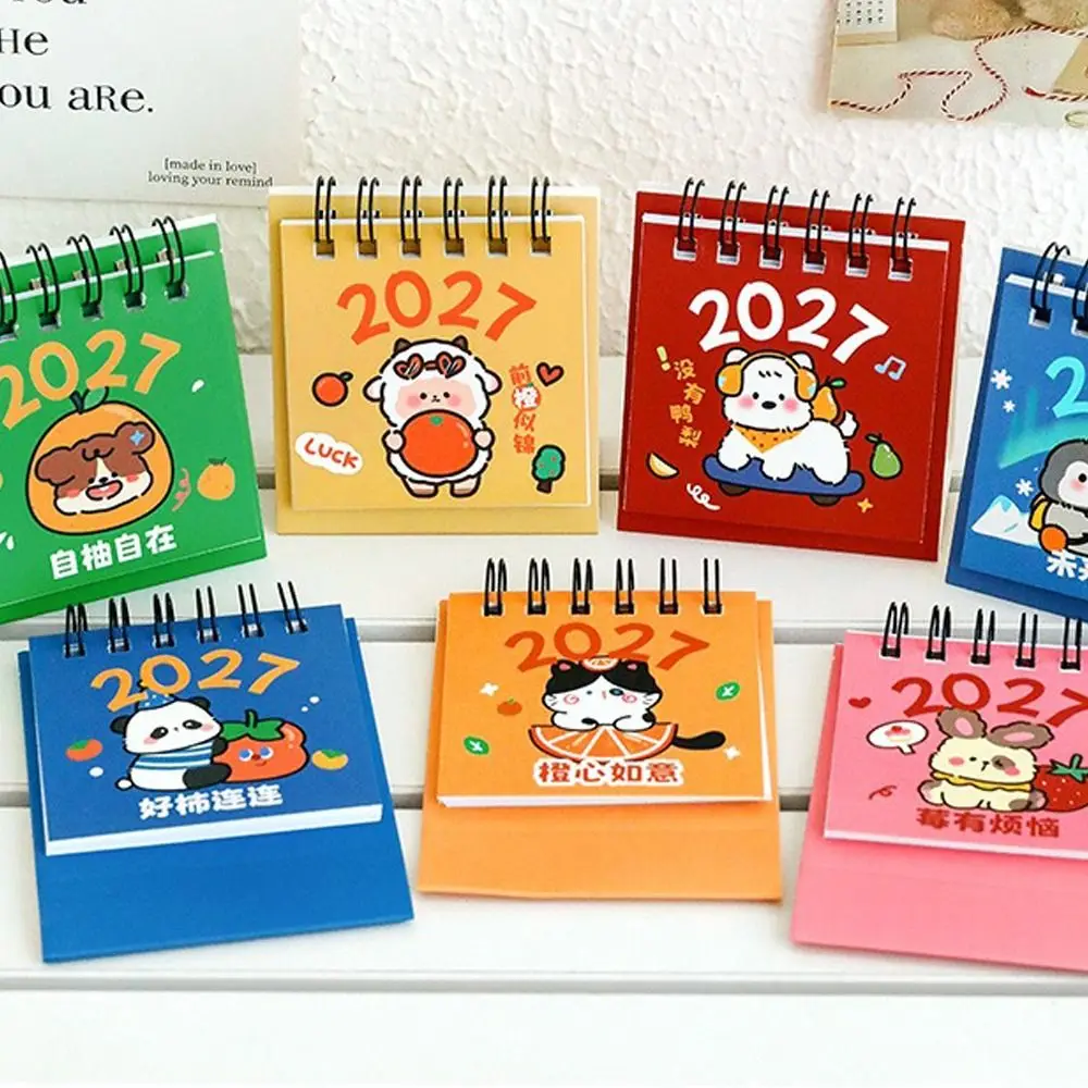 Creative Mini 2027 Desk Calendar Cartoon Schedule Mark Standing Flip Calendar Double Coil Monthly Planner for Home&Office