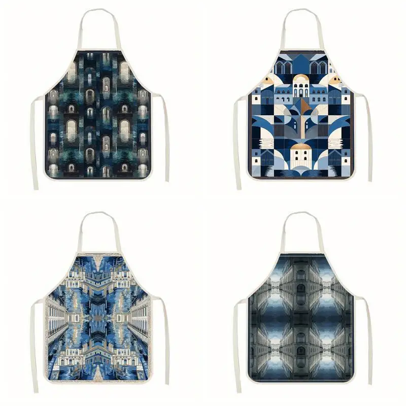 

Geometric City Pattern Apron Linen Apron, Suitable For Kitchen Cooking, Parent-Child Interaction, Painting And Other Scenarios