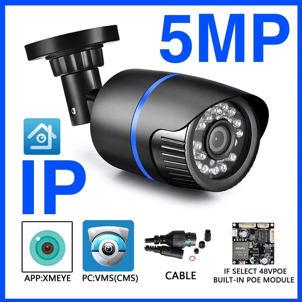 5MP H.265 IP POE Camera XMEYE ICSEE APP H.265 ONVIF P2P Motion Detection 48V Surveillance CCTV Camera Outdoor Street Waterproof