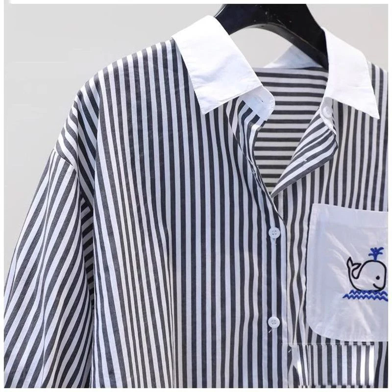 Casual Comfort Simply Short Sleeved Blue Striped Embroidery Shirt for Women\'s Summer Loose Slimming Trendy Contrasting Color Top
