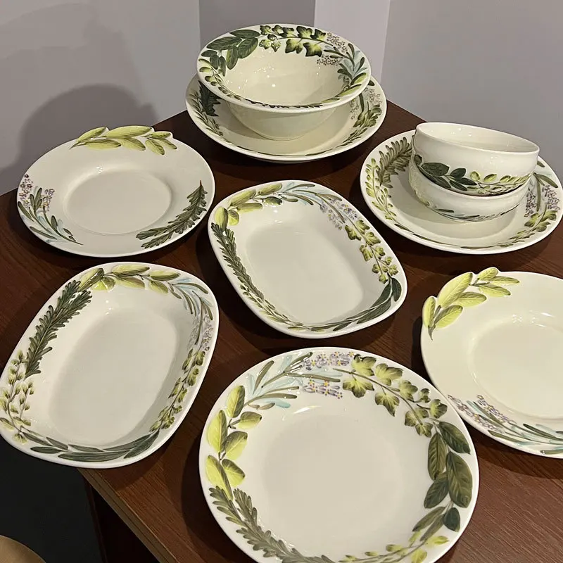 Nordic Ins Hand-painted Plants and Flowers Ceramic Tableware Set Kitchen Dining Table Hotel Rice Bowl Fish Plate Home Decoration