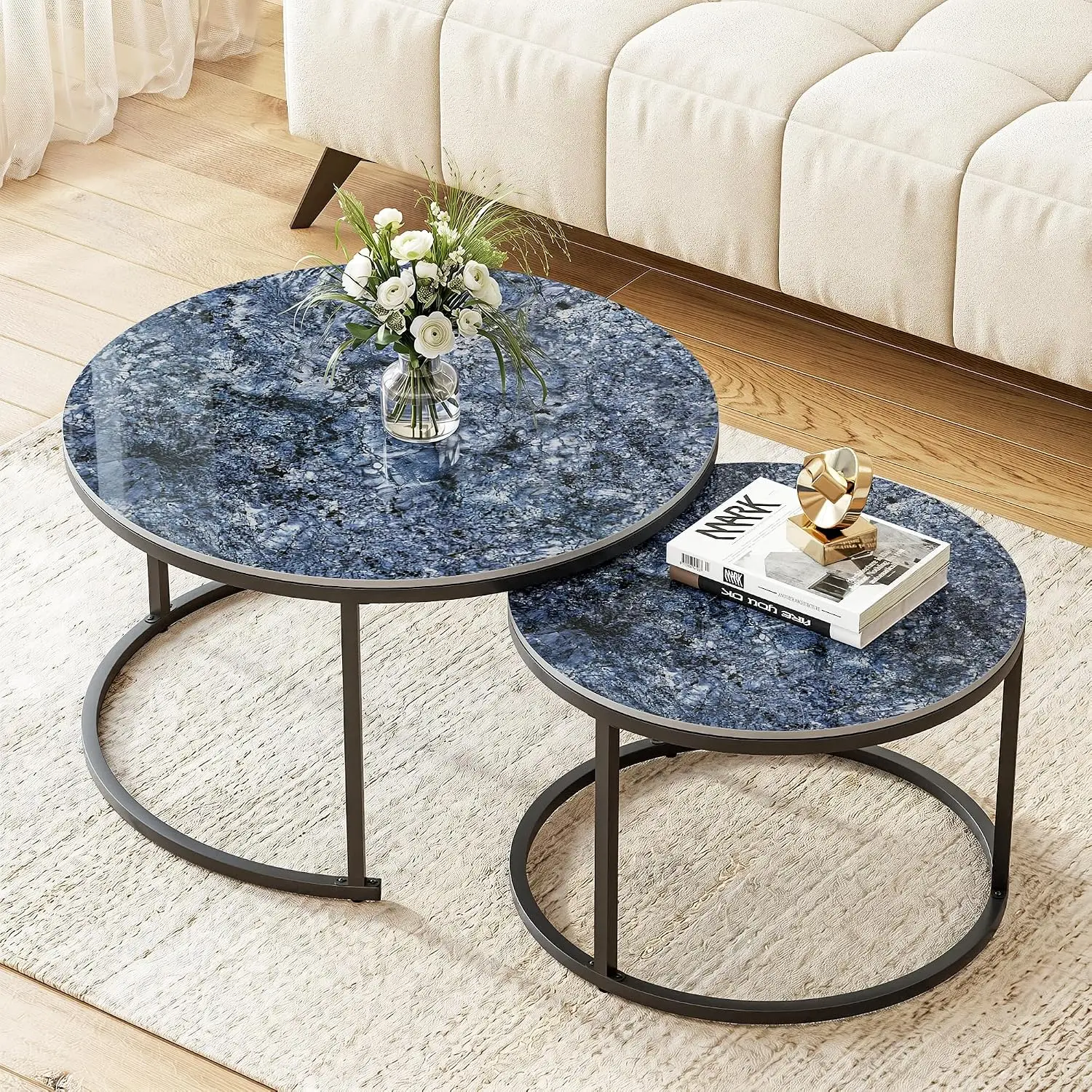 Round Nesting Coffee Table Set of 2, Blue Modern Sintered Stone Center Table for Living Room with Metal Frame, Customized