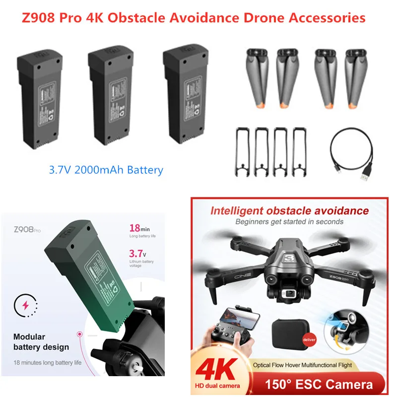 Toys Z908 RC Quadcopter Spare Parts 3.7V 2000MAh Battery /Propeller/USB Charging Wire Battery Arm Blades for Z908 PRO Drone