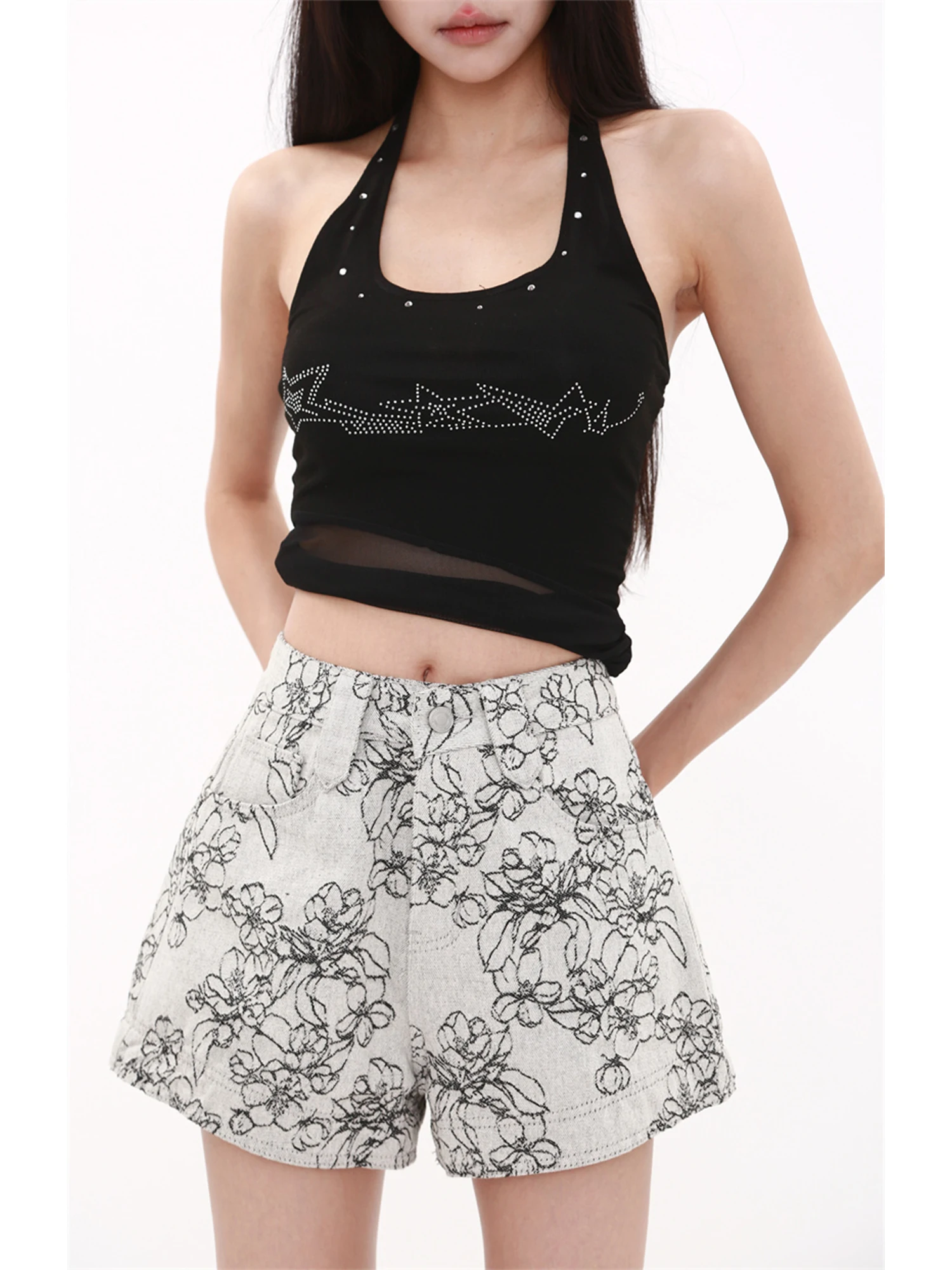 Women's Grey Jacquard Denim Shorts High Waist A-line Cowboy Hot Pants Y2K Gyaru Vintage Casual A-line Micro Jeans Shorts Summer