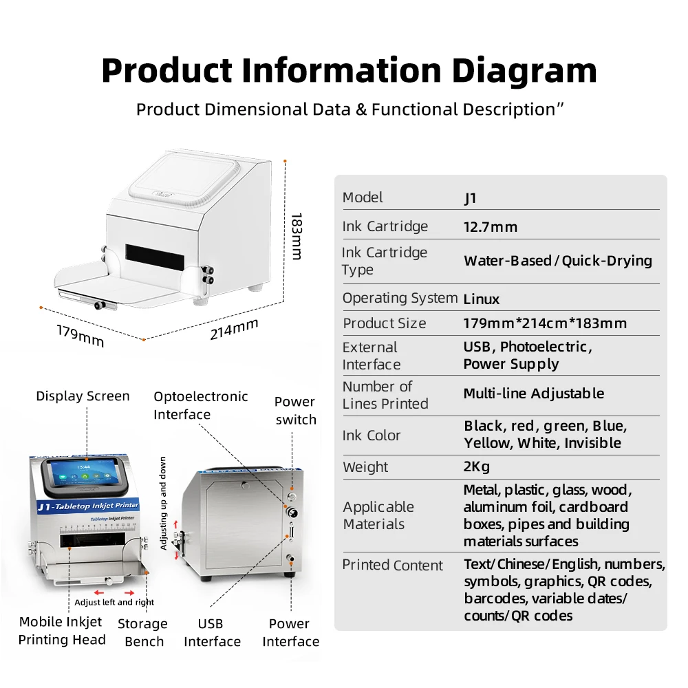 WILLITA Static Intelligent Inkjet Printer 5'' Color HD Touch Screen Support Printing Text Image Barcode Expiry Date Count - view 5