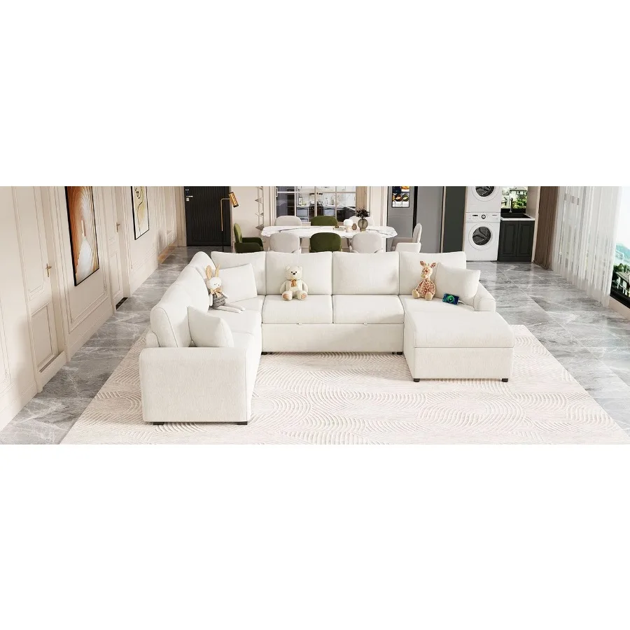 

112.2 Sectional Sofa Pullout Sofa Bed Sleeper with a Storage man Three Pillows and Charging Devices for Living Room Cream