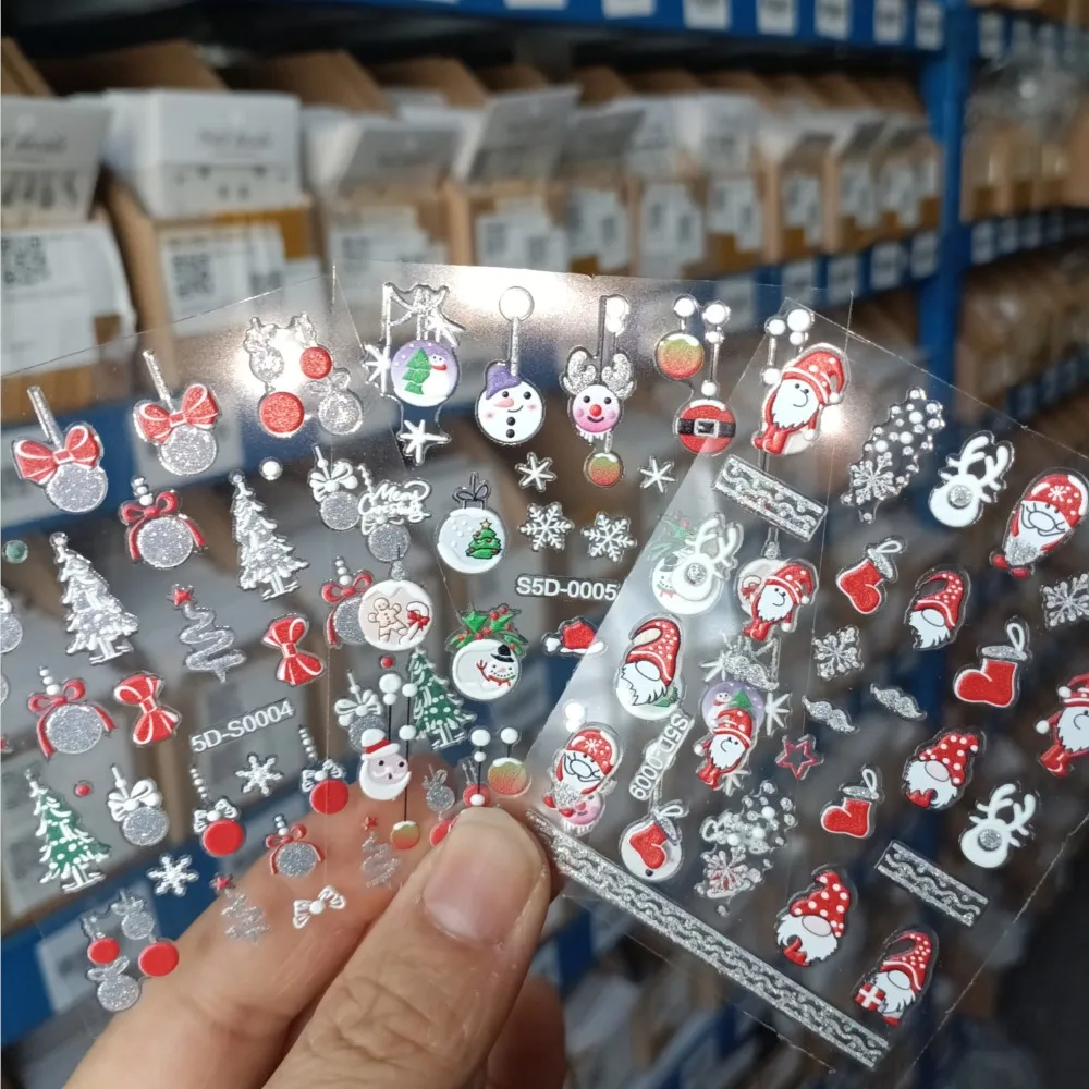 5D تنقش لامعة مسحوق عيد الميلاد مسمار الفن ملصقات الذهبي الفضة ندفة الثلج Bowknot تصميم الشارات ذاتية اللصق مانيكير المنزلق