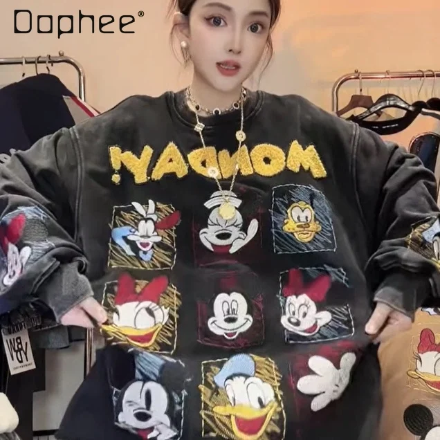 

Cartoon Print Sweatshirt Autumn Embroidered Duck Sweatshirt Long Sleeve Loose Versatile Crew Neck Pullover Top