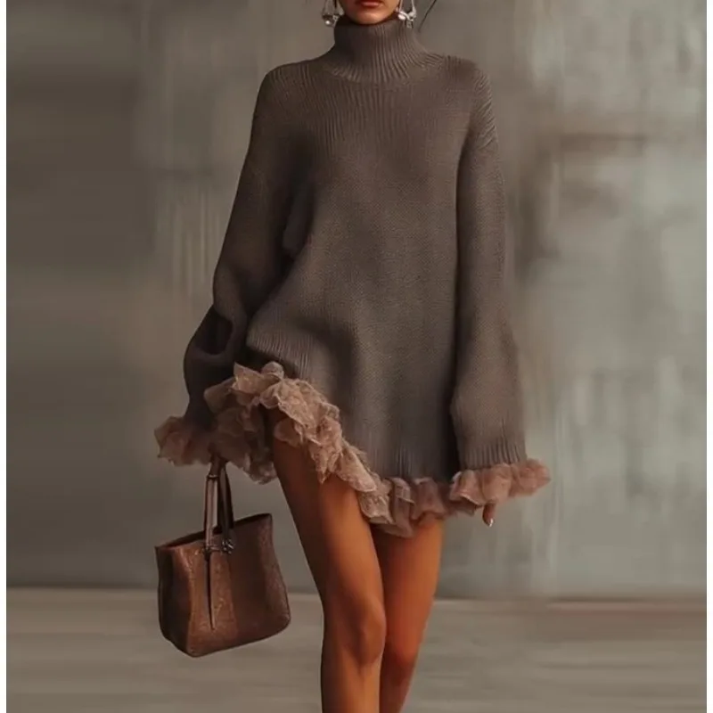 

2025 Autumn New Knitted Turtleneck Ruffle Splicing Long-sleeved Gray Sweater