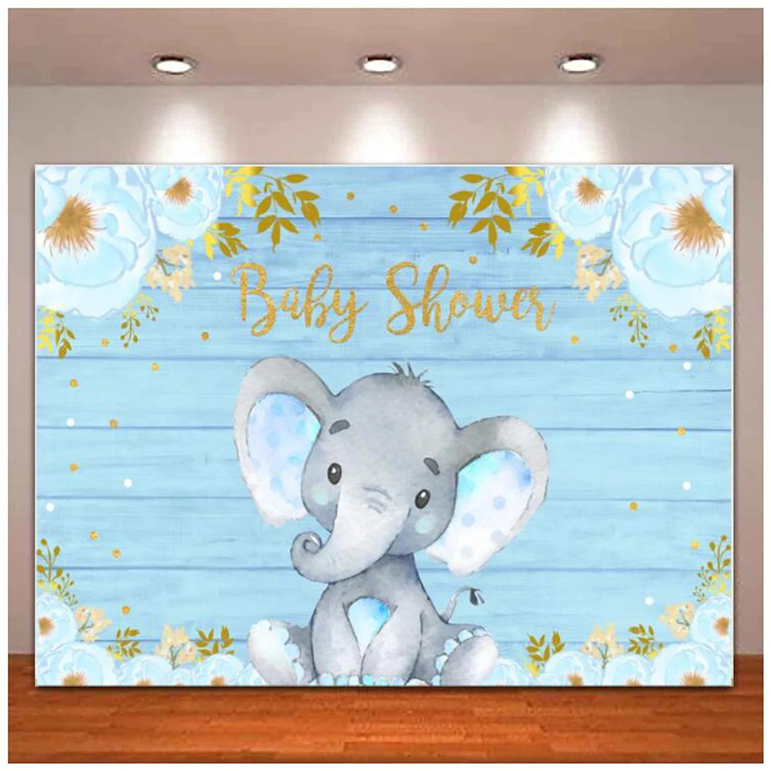 Rustic Baby Shower Photography Backdrop Floral Birthday Party Background Blue Wood Elephant Decors It’s a Boy Banner Cake Table